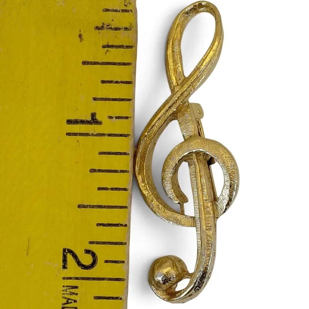 Vtg 1960's Trebel Clef Brooch Pin Gold Tone Unsigned Large Music Lover Musician